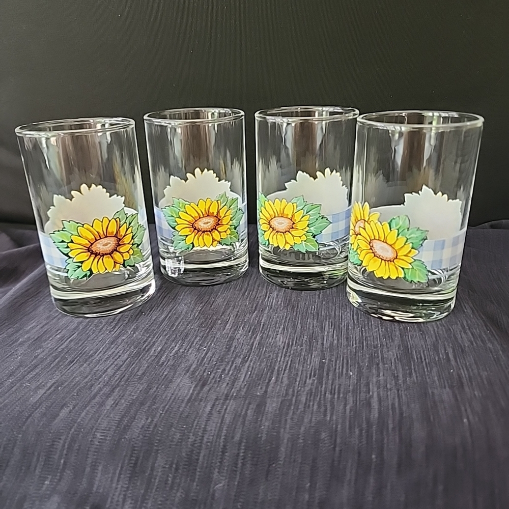 Vtg Corelle LIBBEY CRISA Sunsations Juice Glasses x 4 Sunflower Blue Gingham 6oz